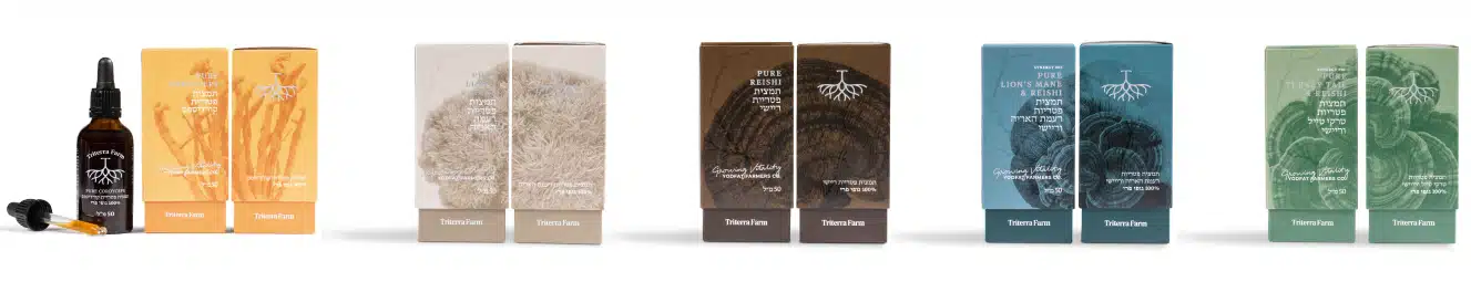 שורת תמציות פטריות מרפא של טריטרה פארם – קורדיספס, רעמת האריה, ריישי, סינרגיה של רעמת האריה וריישי, וסינרגיית טרקי טייל וריישי באריזות צבעוניות.