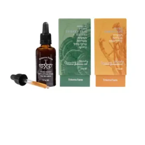 בקבוק תמצית ריישי (Reishi) של טריטרה פארם עם טפטפת, מוצב לצד שתי אריזות של תמציות משולשות: סינרגיה של טרקי טייל וריישי (Turkey Tail & Reishi) ותמצית קורדיספס (Cordyceps), כל אחת 50 מ"ל.