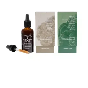בקבוק תמצית ריישי (Reishi) של טריטרה פארם עם טפטפת, מוצב לצד שתי אריזות תמציות: רעמת האריה (Lion’s Mane) וסינרגיית טרקי טייל וריישי (Turkey Tail & Reishi), כולם במיצוי משולש (Triple Extract), נפח 50 מ"ל.