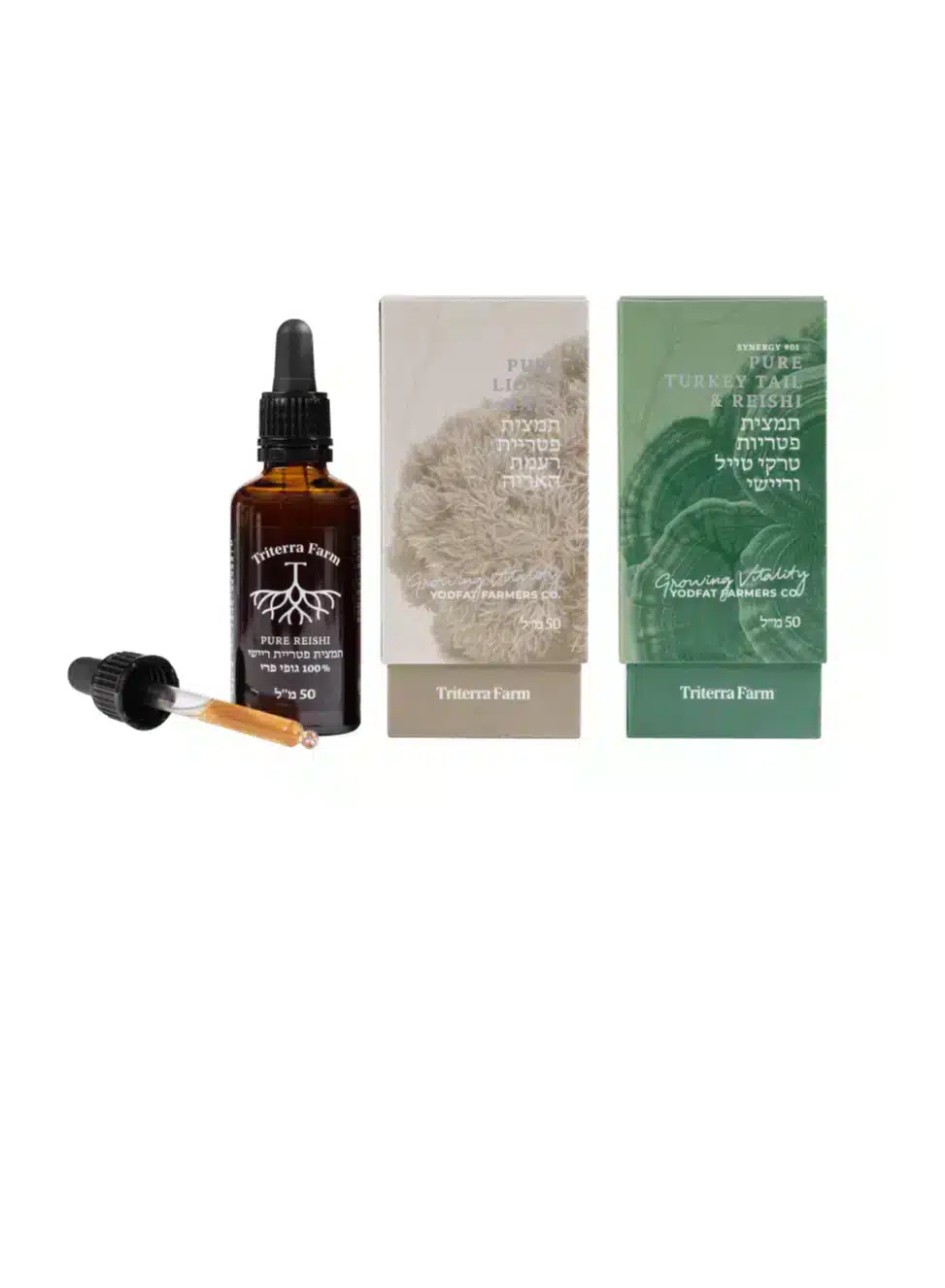בקבוק תמצית ריישי (Reishi) של טריטרה פארם עם טפטפת, מוצב לצד שתי אריזות תמציות: רעמת האריה (Lion’s Mane) וסינרגיית טרקי טייל וריישי (Turkey Tail & Reishi), כולם במיצוי משולש (Triple Extract), נפח 50 מ"ל.