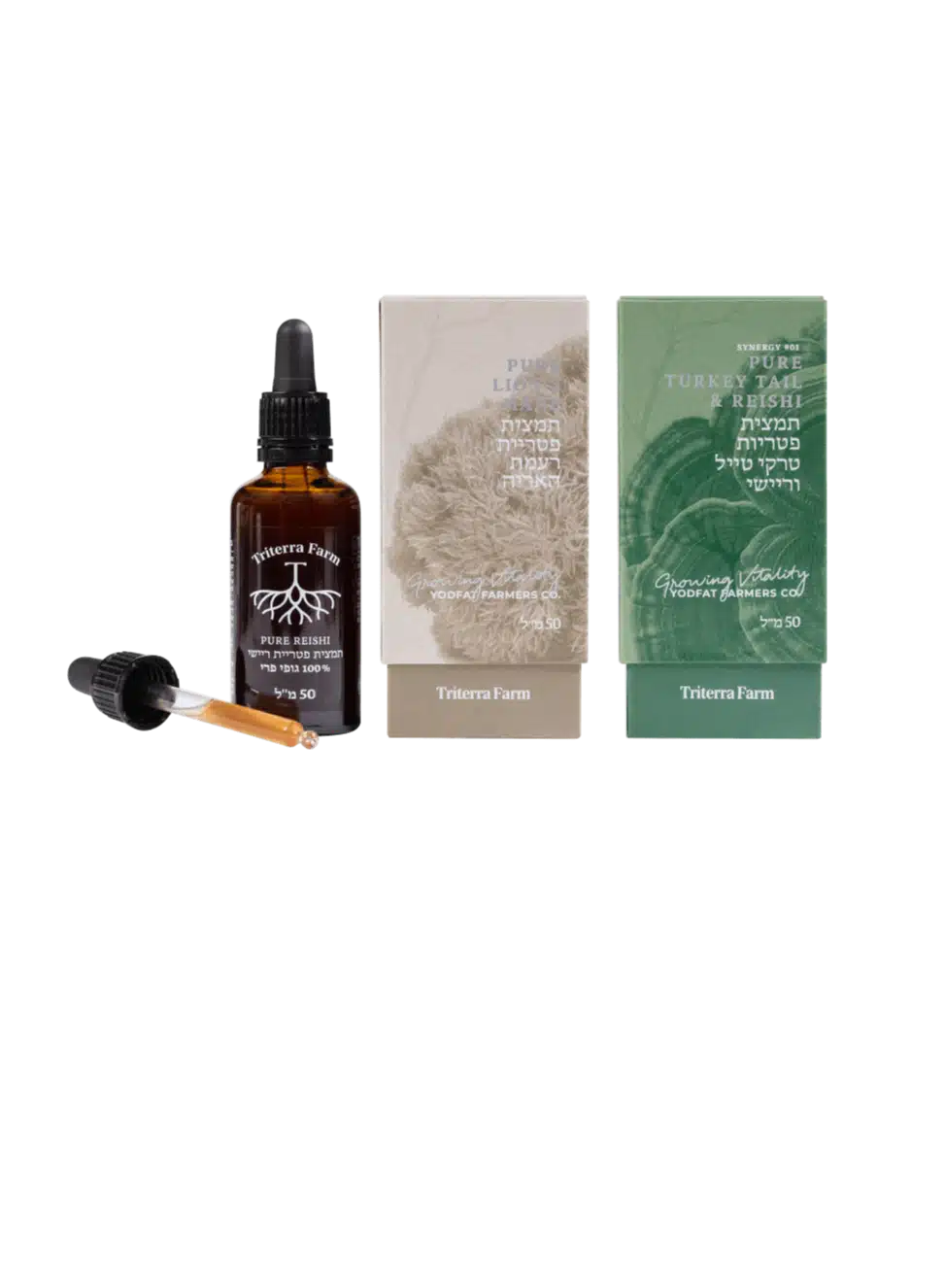 בקבוק תמצית ריישי (Reishi) של טריטרה פארם עם טפטפת, מוצב לצד שתי אריזות תמציות: רעמת האריה (Lion’s Mane) וסינרגיית טרקי טייל וריישי (Turkey Tail & Reishi), כולם במיצוי משולש (Triple Extract), נפח 50 מ