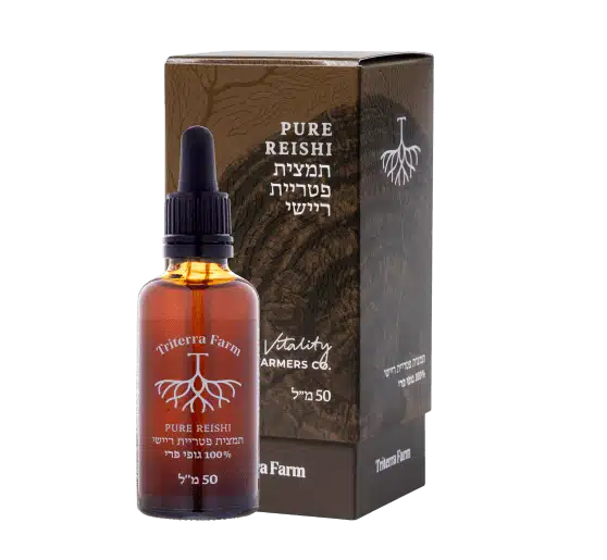 בקבוק תמצית רעמת האריה (Lion's Mane) של טריטרה פארם, לצד שתי אריזות התמצית. תמצית פטריית רעמת האריה במיצוי משולש אמיתי, גופי פרי טריים, 50 מ"ל.