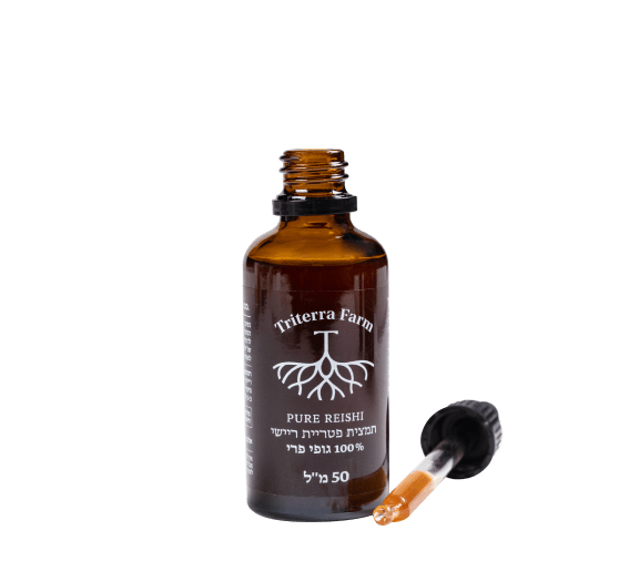 בקבוק פתוח של תמצית ריישי (Reishi) של טריטרה פארם עם טפטפת, תמצית פטריית ריישי במיצוי משולש (Triple Extract) מגופי פרי טריים בלבד, 50 מ