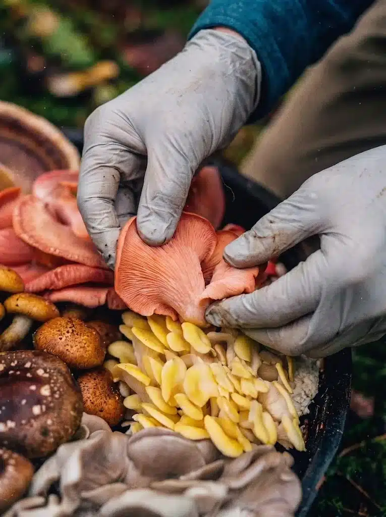 Shlomi Hayun's hands holding freshly harvested mushrooms at Triterra Farm