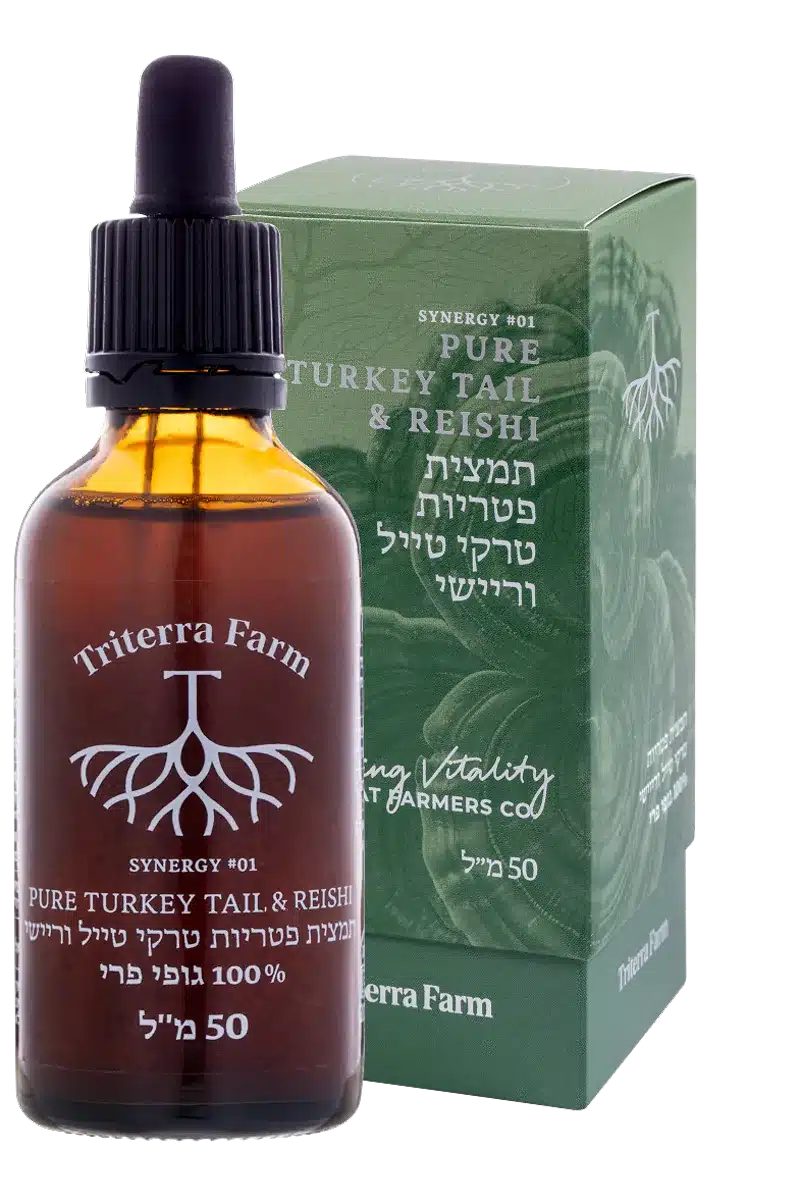 Turkey Tail & Reishi Fruiting Body Extract by Triterra Farm — bottle and box