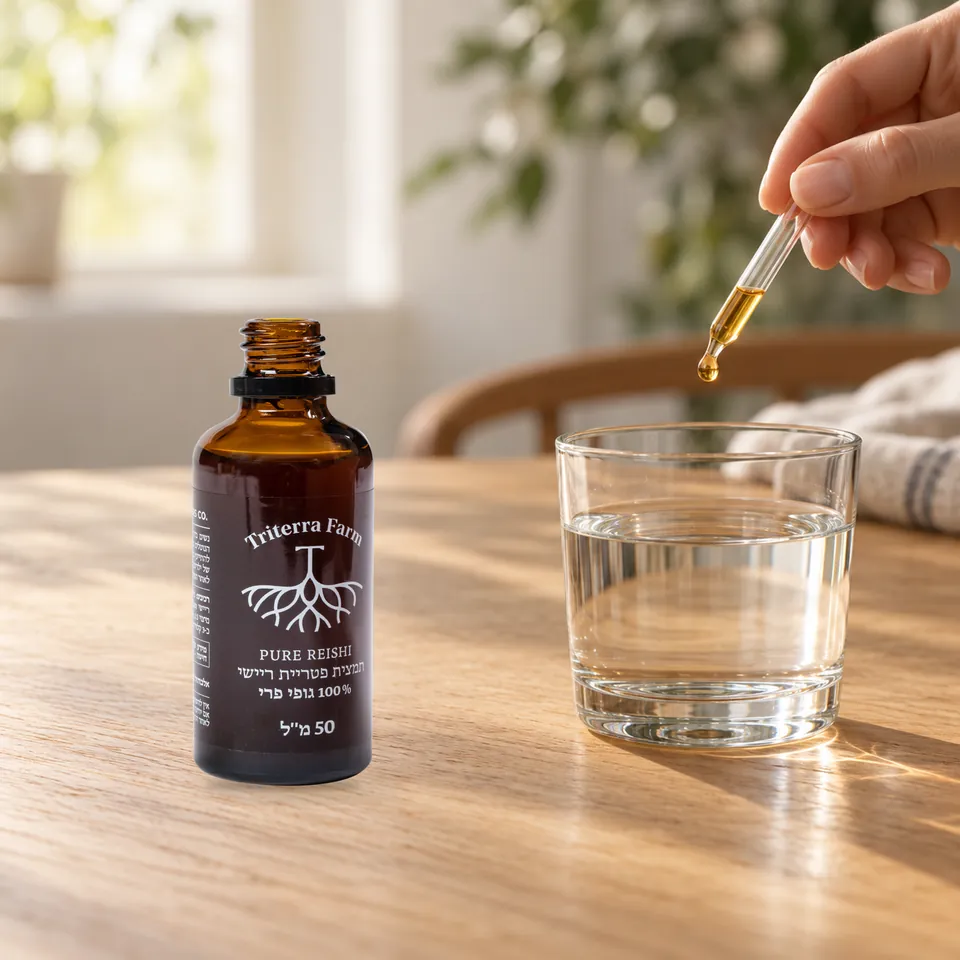 טפטפת תמצית ריישי · Ganoderma lucidum מעל כוס מים, לצד בקבוק טריטרה